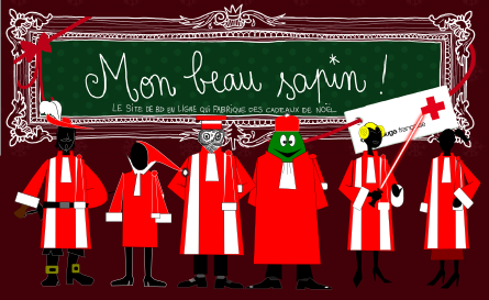 Gascogne, Fantômette, Anatole Turnaround, Eolas, Dadouche et Lulu, tous en belle robe rouge et blanche aux couleurs de Noël, devant la bannière du site http://monbeausapin.org/